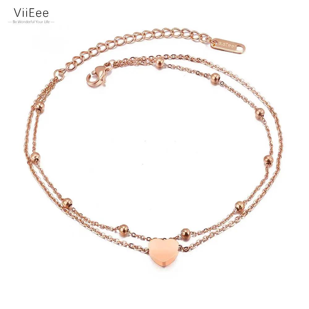 ViiEee Fashion Double Layer Stainless Steel Heart Charm Anklets For Women Rose Gold Color Leg Bracelet Foot Jewelry